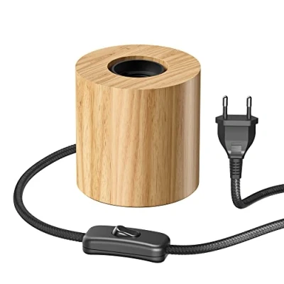 Imagen de ledscom.de lámpara de mesa HITO, interruptor, madera auténtica (árbol caucho), redonda, marrón claro, 1x E27 máx. 60W, escandinava, cabecera, nórdica, minimalista, base madera,