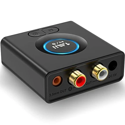 Imagen de 1Mii Receptor Audio Bluetooth 5.0 Inalámbrico HiFi, Adaptador de Baja Latencia con Salida RCA/Jack AUX 3.5 mm para Altavoz, Amplificador, Modo Graves, 12 Horas Batería