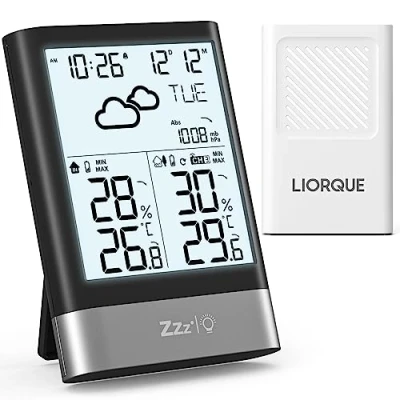 Imagen de LIORQUE Estacion Meteorologica Interior Exterior, Estación Inalámbrica con Sensor Pantalla de Retroiluminación LCD Temperatura Humedad Presión Fecha Previsión Meteorológica
