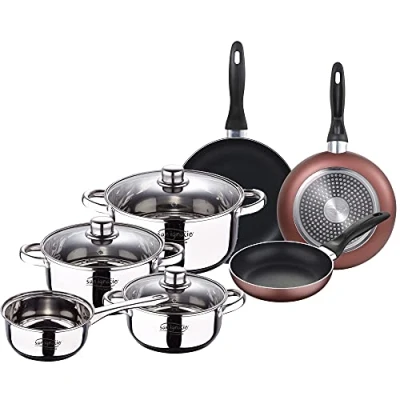 Imagen de San Ignacio Bateria 7pcs acero inoxidable: Cazo sin tapa Ø16 / Cacerolas con Ø18 ; Ø20 y Ø24 (4.0L) Set de 3 sartenes Ø16/20/24 cm, aluminio prensado
