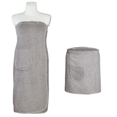 Imagen de Carenesse sauna kilt SET mujer hombres gris I toalla de rizo 100% algodón suave vestido talla única con cintura elástica flexible y tapeta 5 botones bolsillo parche