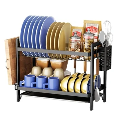 Imagen de Escurreplatos, Escurreplatos de Cocina a Prueba Herrumbre con Bandeja Goteo y Soporte para Utensilios, Escurridor Fregadero Encimera 2 Niveles Negro