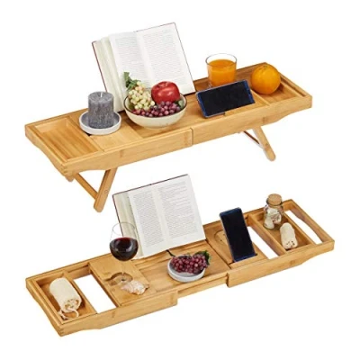 Imagen de Relaxdays Bandeja Cama y Bañera Extensible 2 en 1 con Soporte para Libros Copas de Vino, Marrón, 74, Bambú, 5 114 cm, 74.5 cm