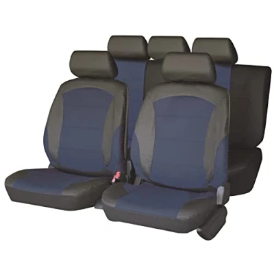Imagen de Carfactory Juego de fundas asiento para coche, Universales, modelo POLIPIEL, color azul y gris, 9 piezas.