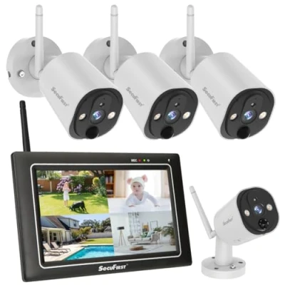 Imagen de SecuFirst 2K Cámara de Seguridad para Exteriores con Monitor, 4X Vigilancia Exterior + 7&quot; Pantalla táctil NVR Monitor,Trabajar sin WiFi, SD 64 GB. Detector Movimiento PIR AI.