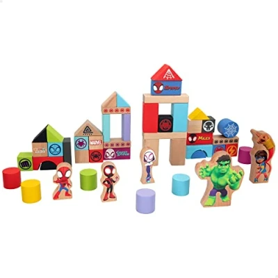 Imagen de WOOMAX 48755 Spidey y su superequipo, Bloques de construcción madera para niños, Juego construir castillos murallas, colores jugar