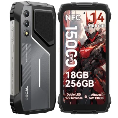 Imagen de OSCAL Pilot 1 Movil Irrompible Android 14, 15000mAh, 256GB ROM+18GB RAM G81 Octa Core Moviles Resistentes, 50MP+32MP, 6.67 Pantalla 90Hz HD+ Moviles, IP68/IP69K/Dual 4G SIM/NFC/OTG/GPS/Face ID
