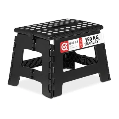 Imagen de Relaxdays Klappbarer Tritthocker niedrig Taburete Plegable, Banqueta de 22,5 cm Alto, 1 Escalón, hasta 120 kg, Banca Antideslizante Plástico, Negro, Acero Inoxidable