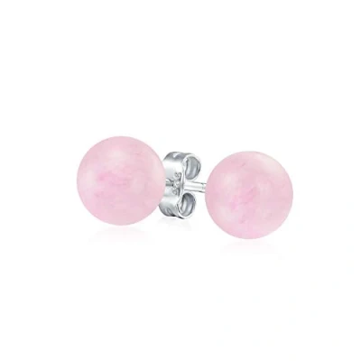 Imagen de Pendientes Redondos De Bola Cuarzo Rosa Claro Piedras Semipreciosas Simples Para Mujeres Adolescentes. Plata Esterlina .925 8MM