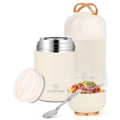 Imagen de Dreamhigh® Termo Comida Caliente 850 ml, Recipiente Térmico para con Asa, Frasco Acero Inoxidable fiambrera termica Cuchara Plegable, sopa, pasta (Blanco)