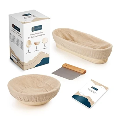 Imagen de Chefstair cesta de fermentación + recetas: la ideal para hornear pan ratán natural, sin productos químicos (redonda, diámetro 25 cm, ovalada, 30 x 15 cm), con inserto lino