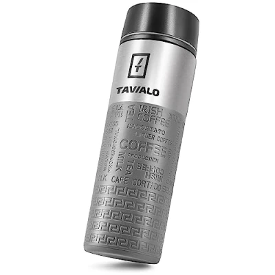 Imagen de TAVIALO Taza Mug Térmica Botella Aislada de 380 ml, acero inoxidable y 2 juntas silicona adicionales (gris)