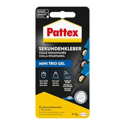 Imagen de Pattex pegamento instantáneo Ultra gel Mini Trio, super extra fuerte y flexible en 3 tubos, de para, por ejemplo, goma, cuero, madera, tubos 1 g
