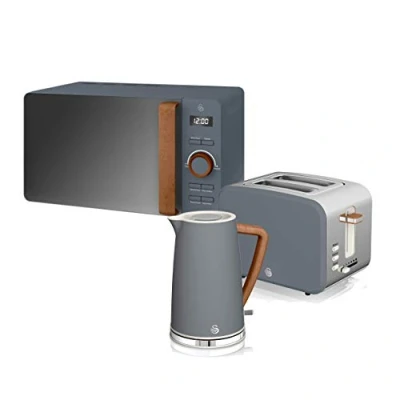 Imagen de Swan Nordic Set Desayuno Hervidor de agua 1,7L 2200W, Tostadora Pan ranura ancha 2 rebanadas, Microondas 20L digital, diseño moderno, efecto madera, gris