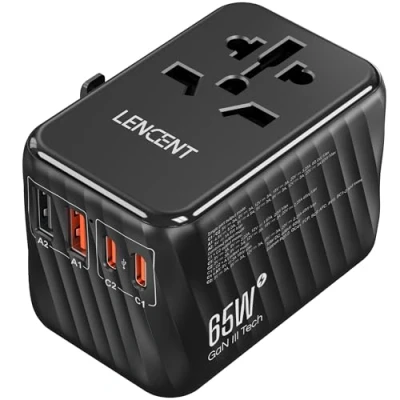 Imagen de LENCENT Adaptador Enchufe Universal GAN 65W, Internacional con 2 PD 3.0 Tipo C+2 QC USB A Carga Rápida, Europeo para Móvil, Tableta, Portátil, EU/USA/UK/AU, Negro