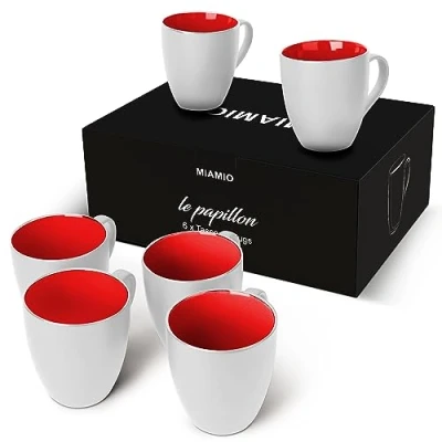 Imagen de MIAMIO 6 x 350 ml Juego de Taza Café/Copa desayuno Le Papillon Colección (Blanco Rojo)