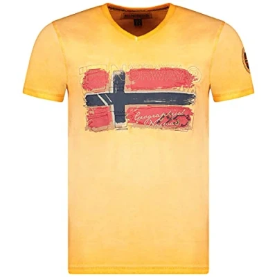 Imagen de Geographical Norway JOASIS Men Camiseta de algodón para Hombre, Casual, Estampado con Logotipo Impreso Manga Corta Cuello en V Corte Ajustado Hombre (Naranja, M)