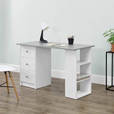 Imagen de [en.casa] Mesa Escritorio de Ordenador 120 x 49 72 cm 3 Compartimientos y Cajones Oficina Blanco Tablero Gris Claro