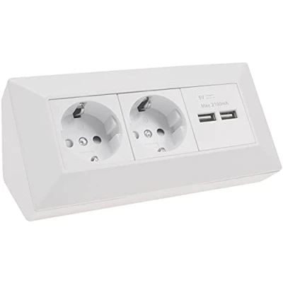 Imagen de ChiliTec Bloque de enchufes Esquina 2 enchufes, 230 V, Puertos USB A 3,1 A, Montaje para Cocina, Oficina, Taller, Color Blanco Mate