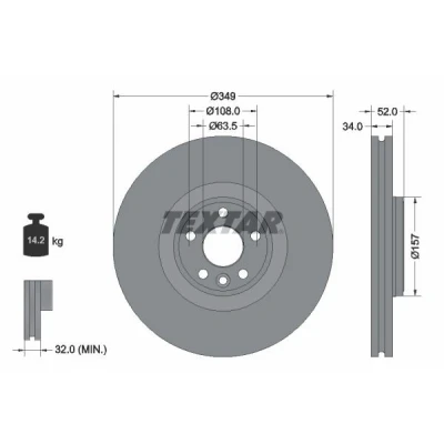 Imagen de TEXTAR 92301805 Disco de freno 349 34 05/06 108 ventilación interna revestido altamente carbonizado sin perno sujeción rueda, buje rueda