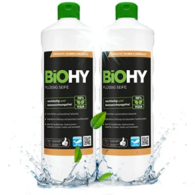 Imagen de BiOHY Jabón líquido (2 botellas DE 1 litro) manos líquido, hidratante y respetuoso con la piel LIBRE FOSFATOS apropiado para cara higiene sin olor (Flüssig Seife)