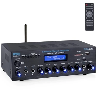 Imagen de Pyle amplificador estereo BT, Inalambrico, Multicanal, 200V, Para el hogar, Radio FM, USB, SD, AUX, RCA, Entrada de microfono