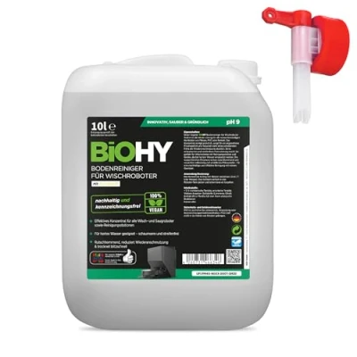Imagen de BiOHY Limpiador de suelos para robot fregado con aroma fresco (bidón 10 litros) + grifo salida, concentrado todos los robots limpiadores y aspiradores función húmeda, brazo espuma