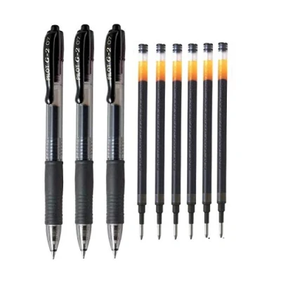 Imagen de PILOT 3 Bolígrafos BL G2 7 retractil tinta de gel + 6 Repuestos (negro)