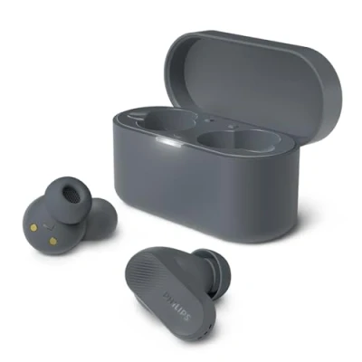 Imagen de Philips TAT3509GY Auriculares Inalámbricos Bluetooth con Cancelación de Ruido Pequeños, Sonido Natural, Graves dinámicos, Estuche Carga Bolsillo, Llamadas claras Gris