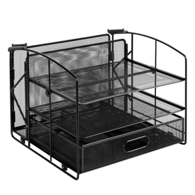 Imagen de Amazon Basics Rectangular, Organizador de escritorio 3 bandejas con cajón deslizante y soporte para colgar archivos, color negro