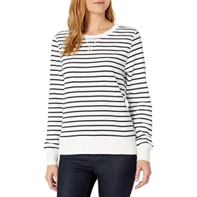 Imagen de Amazon Essentials Sudadera de Cuellocaja Forro Polar y Tejido Rizo Francés (Disponible en Tallas Grandes) Mujer, Azul Marino Blanco Rayas Horizontales, L