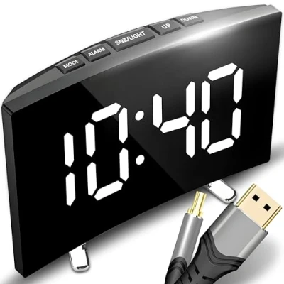 Imagen de Retoo Despertador Digital con Gran Pantalla LED, mesita de Noche alimentada por batería, Reloj Mesa electrónico, Viaje, Carga USB, Alarma Espejo