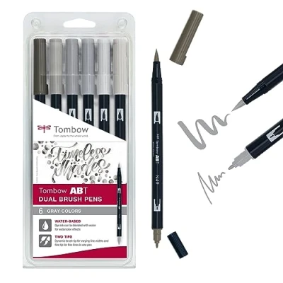 Imagen de Tombow ABT Dual Brush Estuche con 6 Rotuladores Acuarelables de Doble Punta en Colores Grises