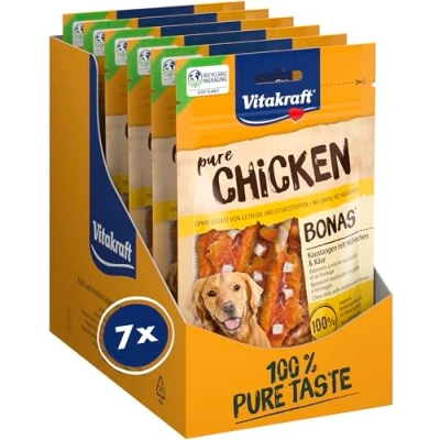 Imagen de Vitakraft Bonas, golosinas para Perros sin Cereales, palitos Masticar con Pollo y Queso, Carne de Pollo, en Bolsa resellable, azúcar añadido (7 x 80 g)