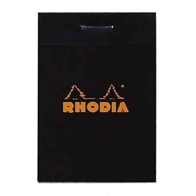 Imagen de Bloc de notas grapado y microperforado Rhodia, DIN A5, 14,8 x 21 cm, 150 hojas, 80 g, cuadrícula naranja, 4 unidades, color negro 5,2 7,5 cm