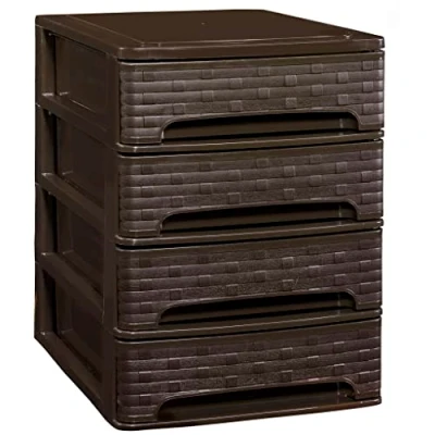 Imagen de COM FORT HOUSE Cajonera Apilable de Plástico Modelo Bambu Color Wengue 4 Cajones Almacenamiento Modular