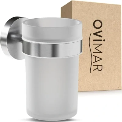 Imagen de ovimar Vaso para cepillos de Dientes Nordre, Color Plateado, Cristal y Acero Inoxidable el baño, con extraíble Soporte Dientes, taladrar en la Pared