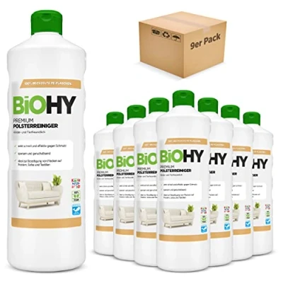 Imagen de BiOHY Limpiador de Tapicerías Premium (9 botellas 1 litro) Concentrado para muebles tapizados, sofás, alfombras y textiles quitamanchas que disuelven el olor (Premium Polster)