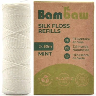 Imagen de Hilo Dental Seda Recambios Biodegradable Sostenible Con Olor a Menta Higiene 2 x 50m Bambaw