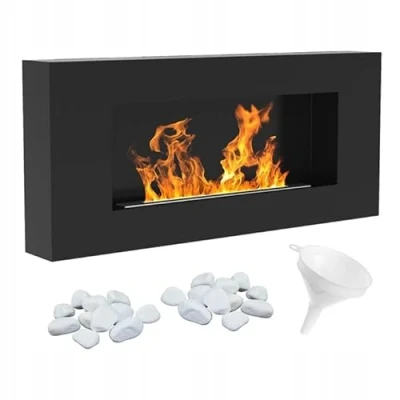 Imagen de KRATKI Chimenea de bioetanol Delta Flat + Guijarros 2 kg Embudo Real Fire montado en la Pared, biocontenedor 0,4 l, Certificado TÜV Acero, 40 x 90 cm, Negro Mate