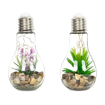 Imagen de levandeo Juego de 2 bombillas cristal con 10 luces LED (8 x 19 cm), diseño plantas artificiales, color verde, rosa y violeta