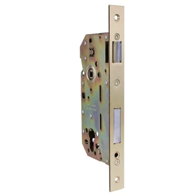 Imagen de Amig Cerradura de Embutir para Puertas Madera Con Paletón Cierre Frente y Soporte en Canto Cuadrado Entrada 50 mm Picaporte reversible Acero Dorado 240