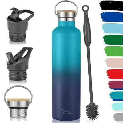 Imagen de Milu Botella de Agua, 500ml, 750ml, 1000ml (+3 Tapas) Acero Inoxidable, Libre BPA, Para Bebidas Calientes, Frías y Carbonatadas (Azul Verde, 1l)