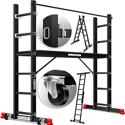 Imagen de MASKO® andamio, Andamio ✓ Aluminio Escalera Plataforma de Trabajo, Capacidad Carga hasta 150 KG, Revestimiento Antideslizante, Comprobado GS (EN 131), Negro