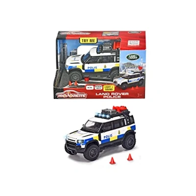 Imagen de Majorette 213712000033 Grand Series Land Rover Coche de policía Sueco en Modelo con Rueda Libre, Metal, luz, Sonido, Puerta Trasera Abierta, neumáticos Goma Blanda,