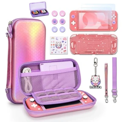 Imagen de Funda Switch Lite, innoAura Paquetes Accesorios Bonita Estuche Transporte Protector Pantalla Protectora Lite y Tapas Pulgares (Rosa Sirena)