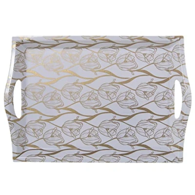 Imagen de DRW Bandeja Rectangular de melamina con Asas y Flores en Dorado Blanco 5x31x44 cm