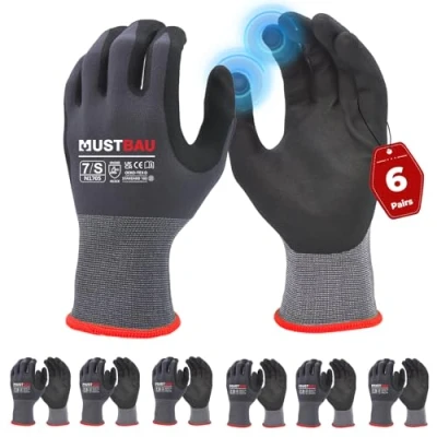 Imagen de Mustbau 6 Pares de Guantes Trabajo con Pantalla Táctil, Nitrilo Resistentes a la Abrasión, Excelente Agarre Adecuados para Jardinería, Mecánica, Construcción (Gris,S)