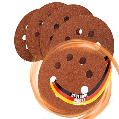 Imagen de Woltersberger® 50 piezas Papel de Lija 125 mm Papeles Abrasivos con 8 Agujeros para Lijadora Excéntrica grano P100 rojo un lijado óptimo, versátil