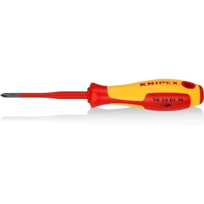 Imagen de Knipex Destornillador (Slim) para tornillos cruciformes Phillips® bruñido, mango aislante en dos componentes, según norma VDE 187 mm 98 24 01 SL